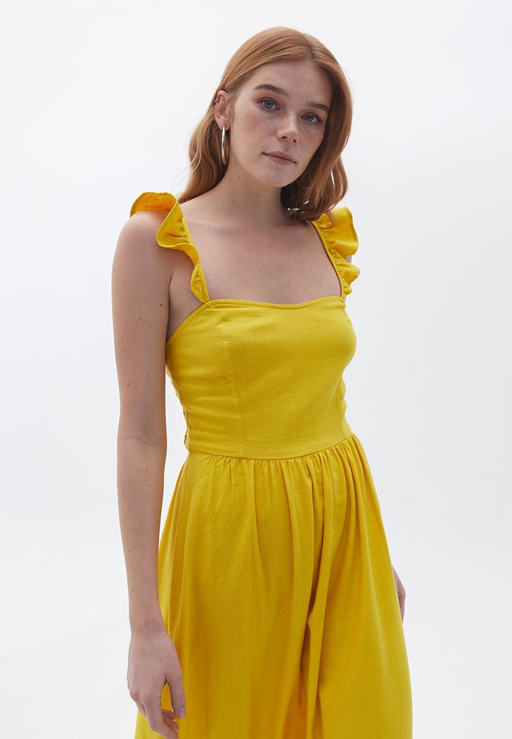 Bayan Sarı Pamuklu Uzun Elbise