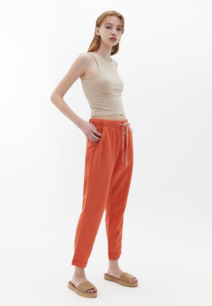 Bayan Turuncu Yüksek Bel Carrot-Fit Pantolon