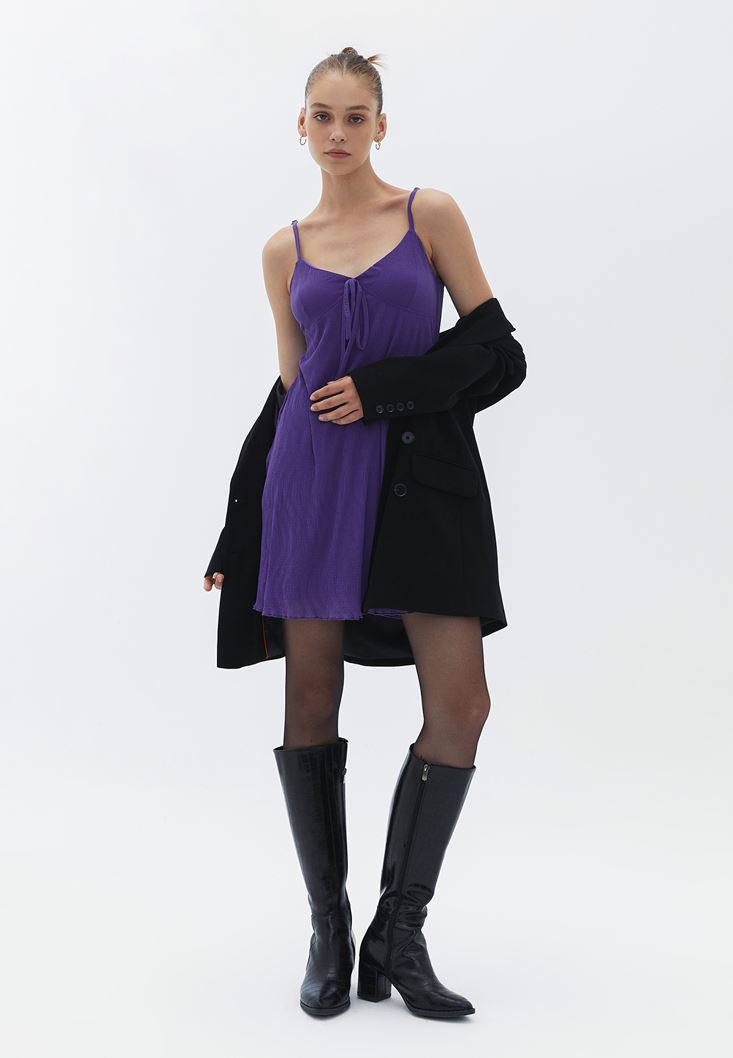 Bayan Mor İnce Askılı Mini Elbise