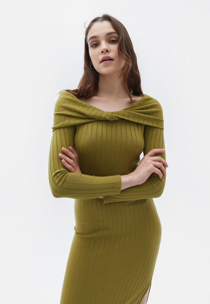 Bayan Yeşil Yaka Detaylı Triko Elbise