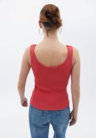 Women Red Scope Neck Singlet with Snap Fastener Detail
