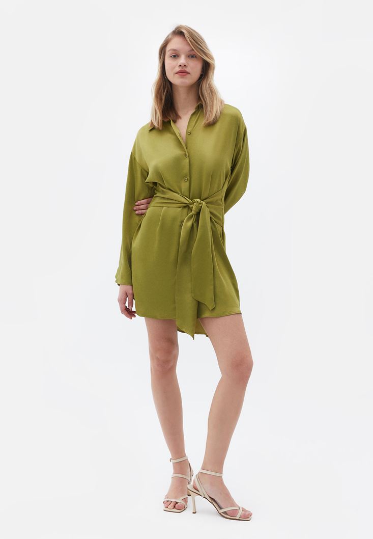 Bayan Yeşil Bağlamalı Saten Gömlek Elbise