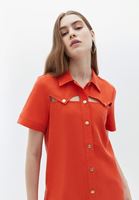 Bayan Kırmızı Keten Karışımlı Cut-Out Detaylı Gömlek