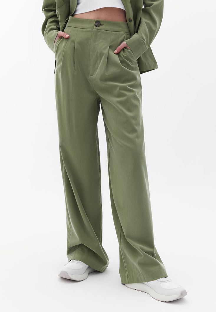 Bayan Yeşil Yüksek Bel Pileli Wide-Leg Pantolon ( TENCEL™ )