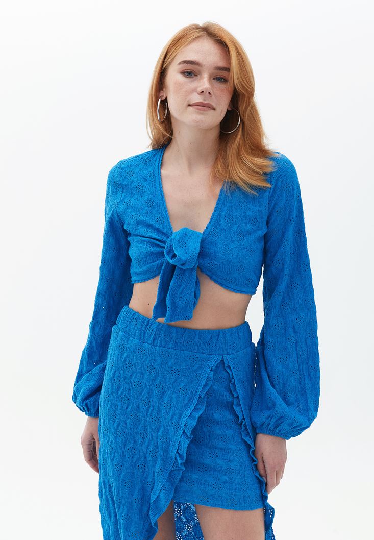 Bayan Mavi Bağlama Detaylı Crop Bluz