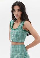 Women Green Tweed Crop with Buttons