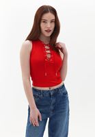 Women Red Crop Singlet with Tie Up Detail