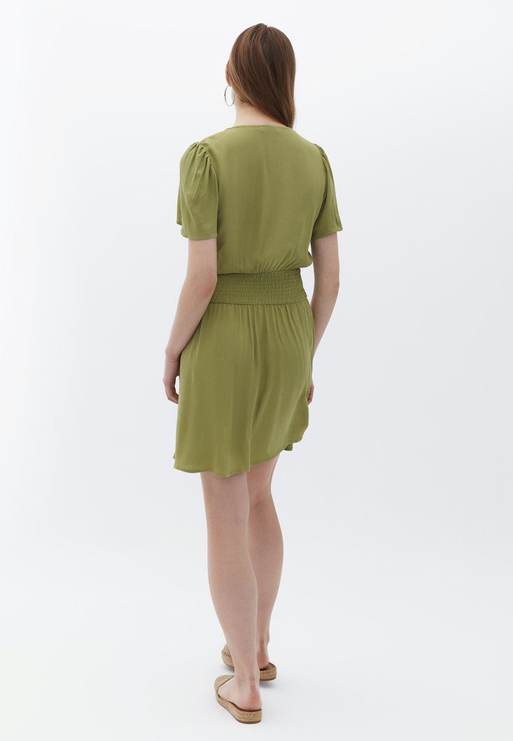 Bayan Yeşil Kruvaze Yaka Mini Elbise