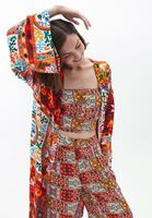 Bayan Çok Renkli Bağlama Detaylı Desenli Kimono