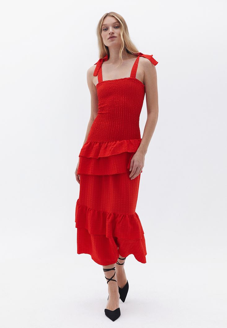 Bayan Kırmızı Fırfırlı ve Gipeli Maxi Elbise