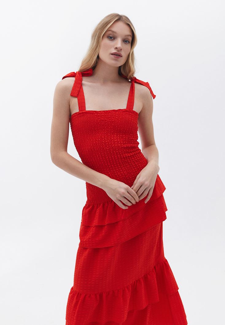 Bayan Kırmızı Fırfırlı ve Gipeli Maxi Elbise
