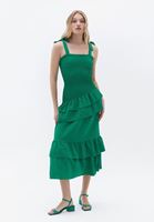 Bayan Yeşil Fırfırlı ve Gipeli Maxi Elbise