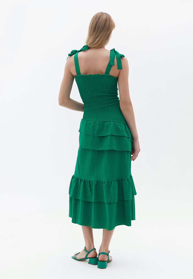 Bayan Yeşil Fırfırlı ve Gipeli Maxi Elbise
