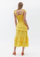 Bayan Sarı Fırfırlı ve Gipeli Maxi Elbise