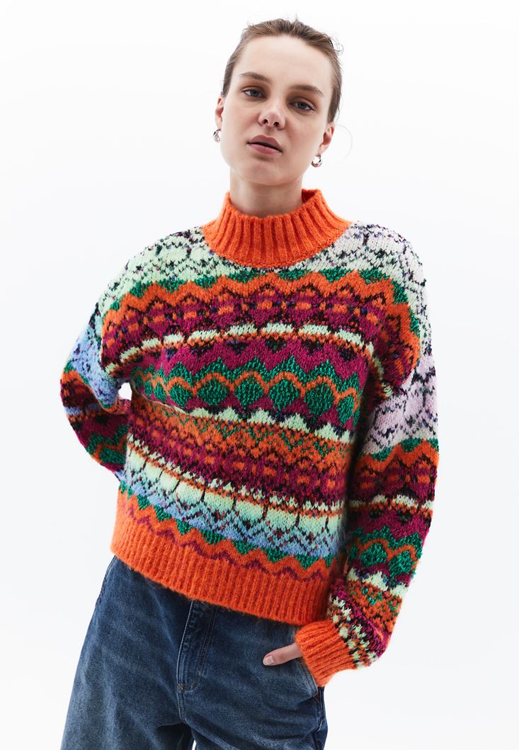 Mixed High Neck Jacquard Sweater Online Shopping | OXXOSHOP