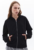 Women Black Hooded Cardigan with Zipper Detail