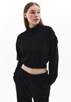 Women Black Turtle Neck Crop Sweatshirt