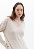 Women Beige V-Neck Knitwear Sweater