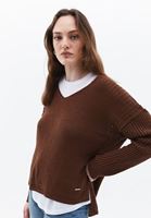 Women Brown V-Neck Knitwear Sweater