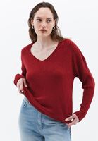 Women Red V-Neck Knitwear Sweater