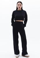 Bayan Siyah Sıfır Yaka Crop Sweatshirt ( MODAL )