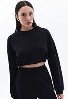 Bayan Siyah Sıfır Yaka Crop Sweatshirt ( MODAL )