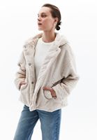 Women Beige Hooded Coat with Fur Detail