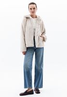 Women Beige Hooded Coat with Fur Detail