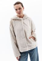 Women Beige Hooded Coat with Fur Detail