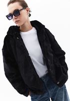 Women Black Hooded Coat with Fur Detail