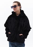 Women Black Hooded Coat with Fur Detail