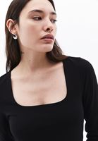 Women Black Square Neck Tshirt with Long Sleeves