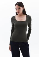 Women Green Square Neck Tshirt with Long Sleeves