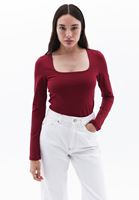 Women Red Square Neck Tshirt with Long Sleeves