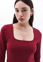 Women Red Square Neck Tshirt with Long Sleeves