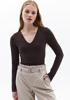 Women Brown V-Neck Tshirt with Long Sleeves