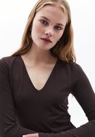 Women Brown V-Neck Tshirt with Long Sleeves