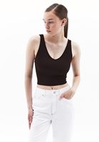 Bayan Kahverengi V Yaka Seamless Crop Top