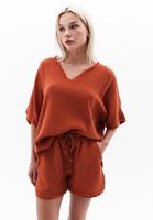 Women Orange Cotton Blended V-neck Blouse