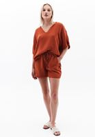 Women Orange Cotton Blended V-neck Blouse