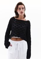 Women Black Boat Neck Hemstitched Sweater