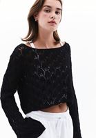 Women Black Boat Neck Hemstitched Sweater