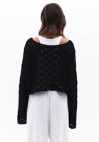 Women Black Boat Neck Hemstitched Sweater