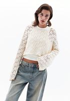 Women Beige Boat Neck Hemstitched Sweater