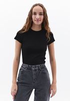 Women Black Cotton Blended Crew Neck Tshirt