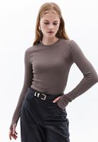 Women Brown Crew Neck Tshirt with Long Sleeves