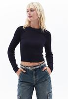 Women Navy Crew Neck Crop Sweater