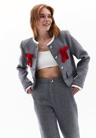 Women Grey Wool Blended Crop Tweed Jacket