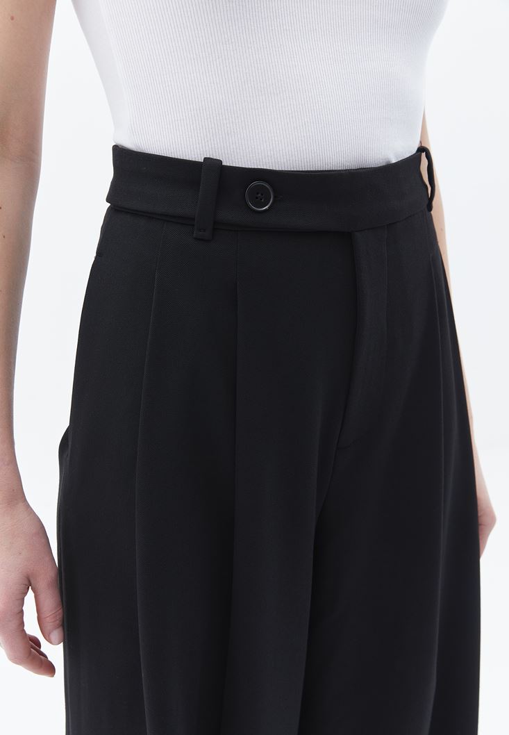 Bayan Siyah Orta Bel Straight-Fit Pantolon