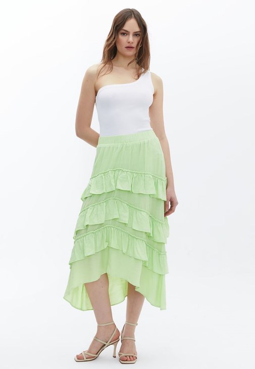 Green Ruffle Detailed Asymmetric Cut Skirt Online Shopping OXXOSHOP